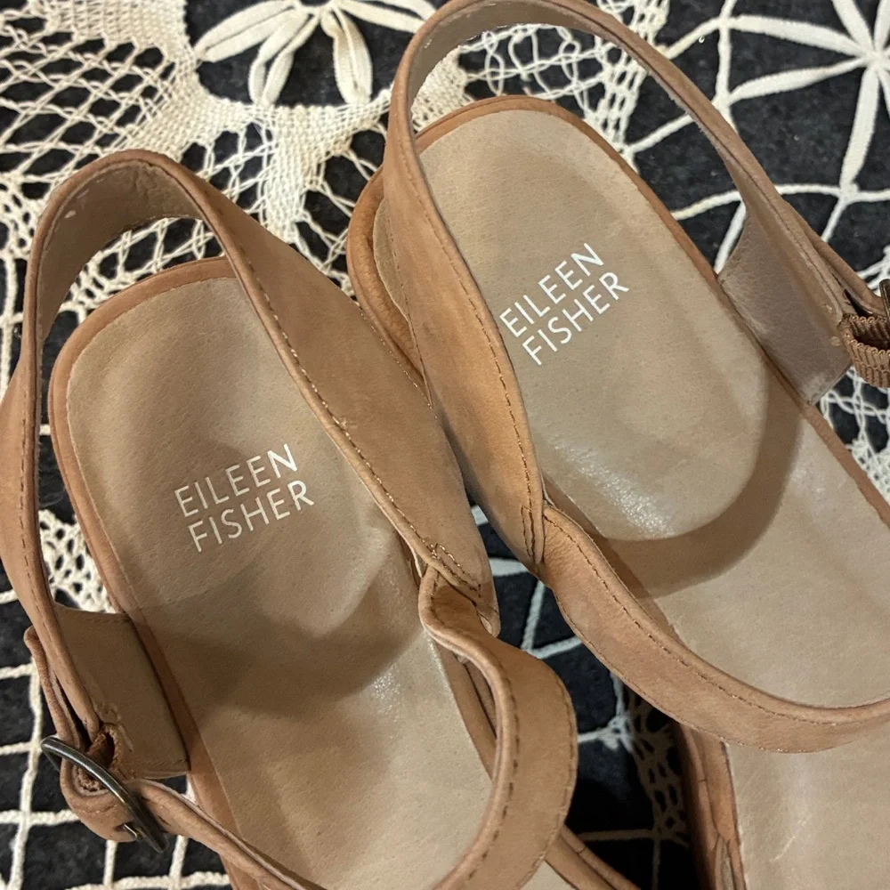 Eileen Fisher Mime Nubuck Leather Tan Platform Wedge Sandals, 9 - Picture 5 of 7